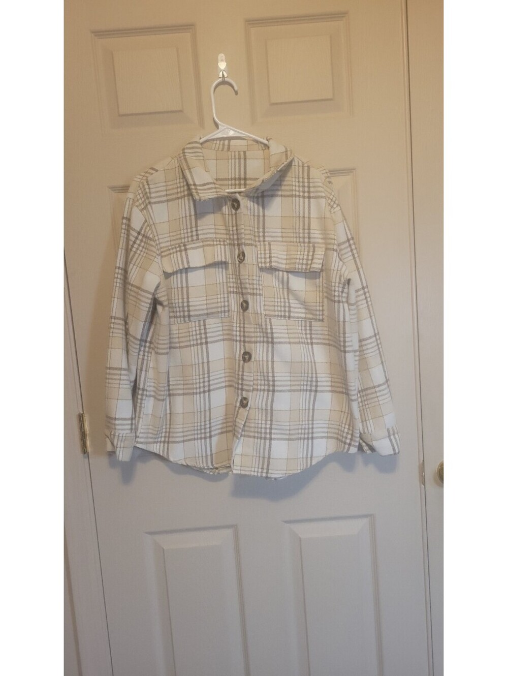 Women's Beige and White Plaid Button-Up Shirt Jacket